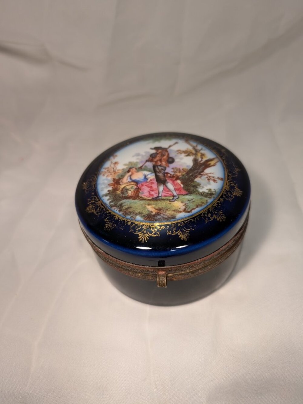 Antique Vintage Cobalt Blue Porcelain Dresser Box TRINKETS of POWDER